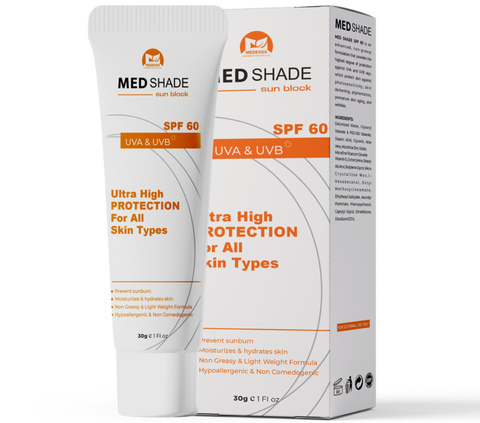 MED SHADE SPF 60 sun block tube and carton — Medevox Pharmaceuticals