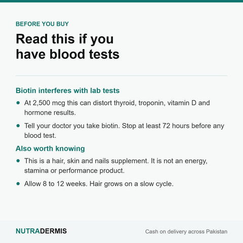 BIO-HR+ safety — biotin interferes with blood tests, stop 72 hours before testing